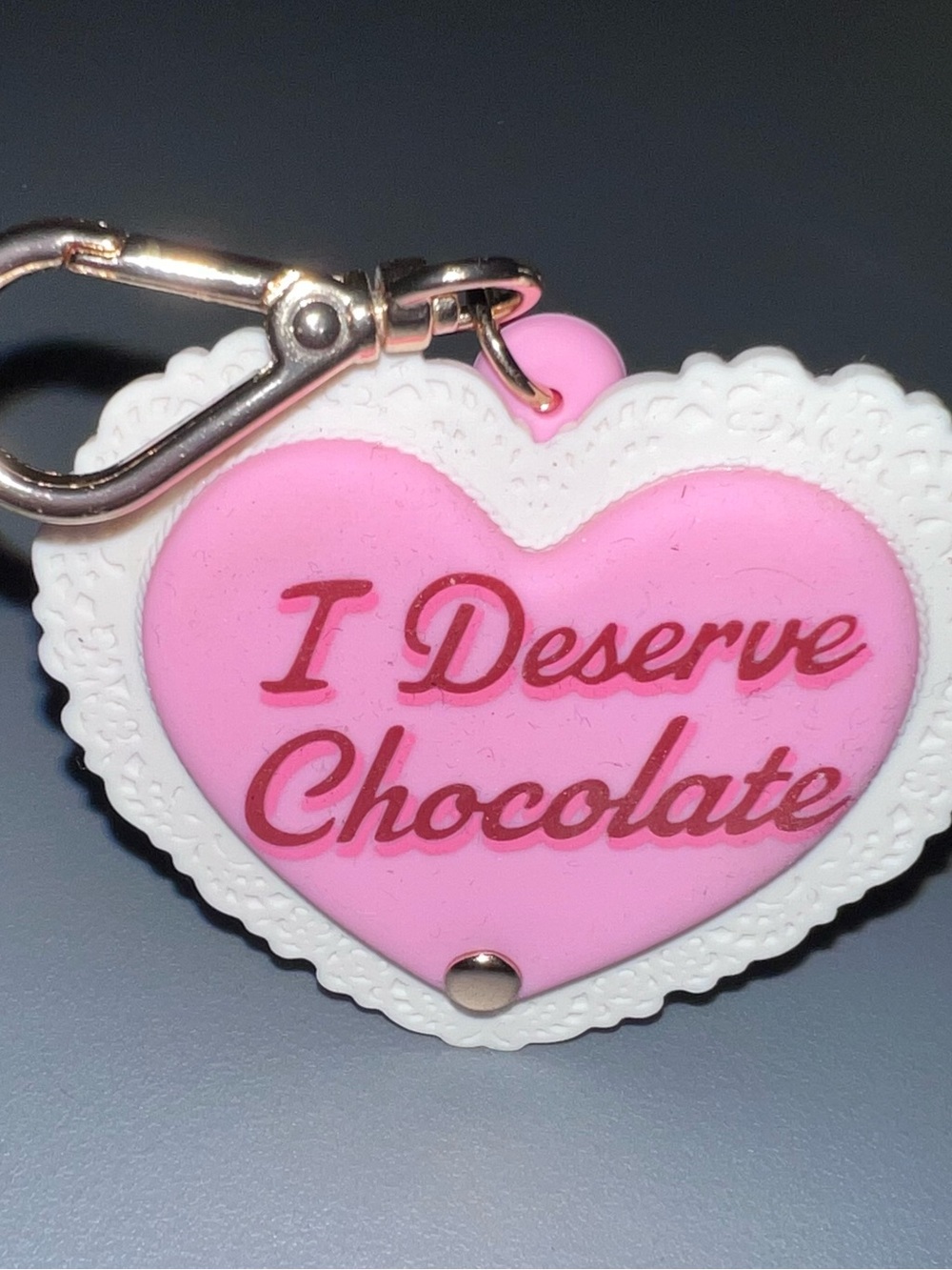 Bath & Body Works Pink & White Heart Keychain - 'I Deserve Chocolate'